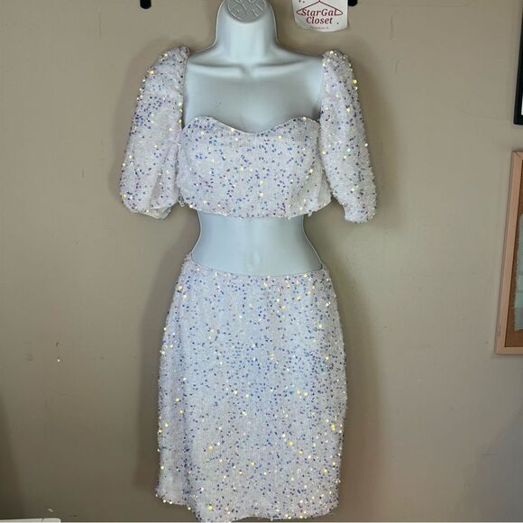 EUC | White Sequin 2 Piece | Iridescent | Bachelorette Skirt and Top | L - Picture 1 of 13